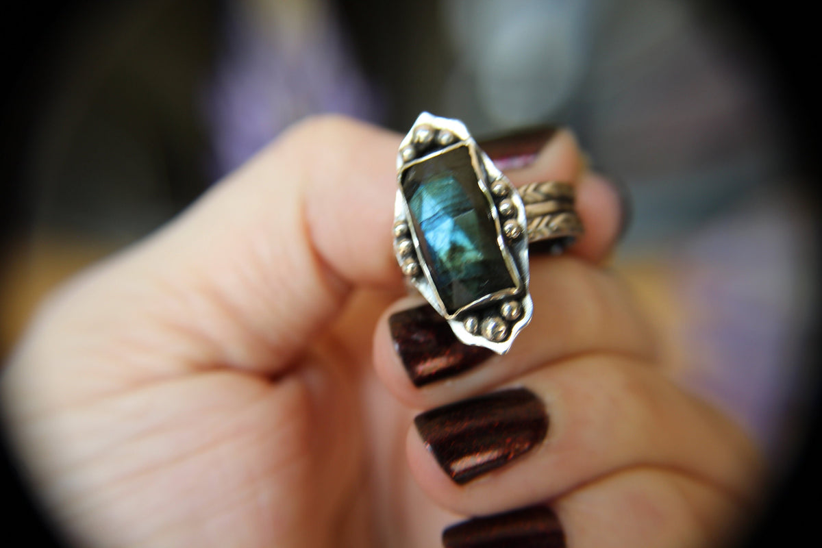 Rectangle Labradorite Ring, Rose Cut Rectangle Labradorite Ring, Large Statement Ring, Rectangle Rose Cut Rectangle Ring, Labradorite Ring