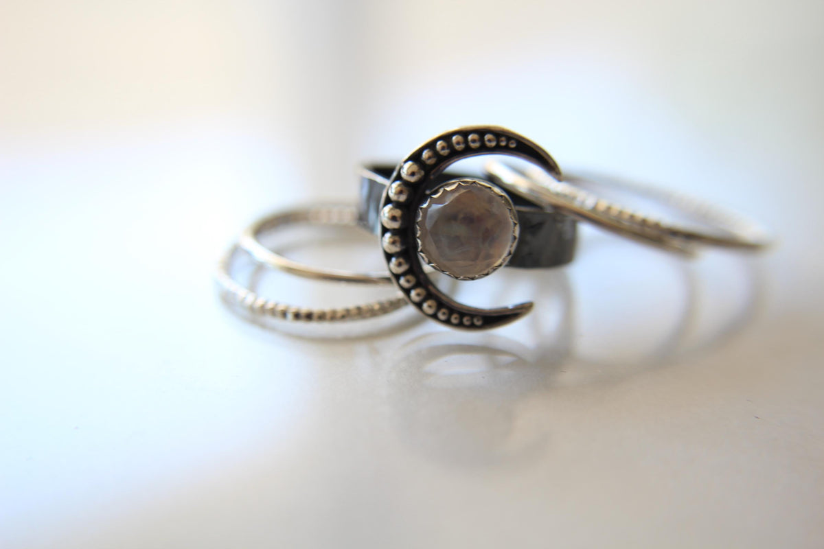 Crescent Moon Ring Set, Moonstone Ring, Crescent Moon Ring, Faceted Moonstone Ring, Beaded Moon Ring, Crescent Moon, Moon Jewelry,Moonstone