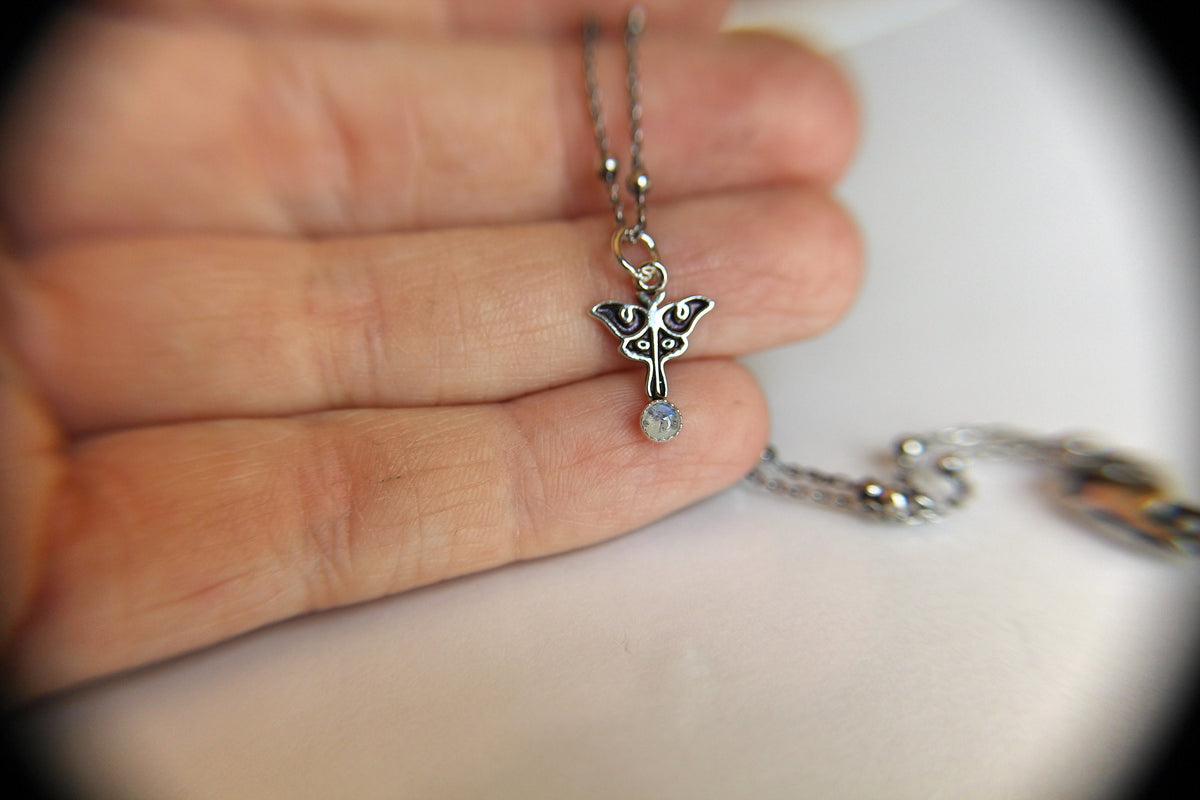 Sterling Tiny Luna Moth Charm Necklace, Small Moonstone Luna Moth Necklace, Silver Small Luna Moth Necklace, Luna Moth Necklace, Gift