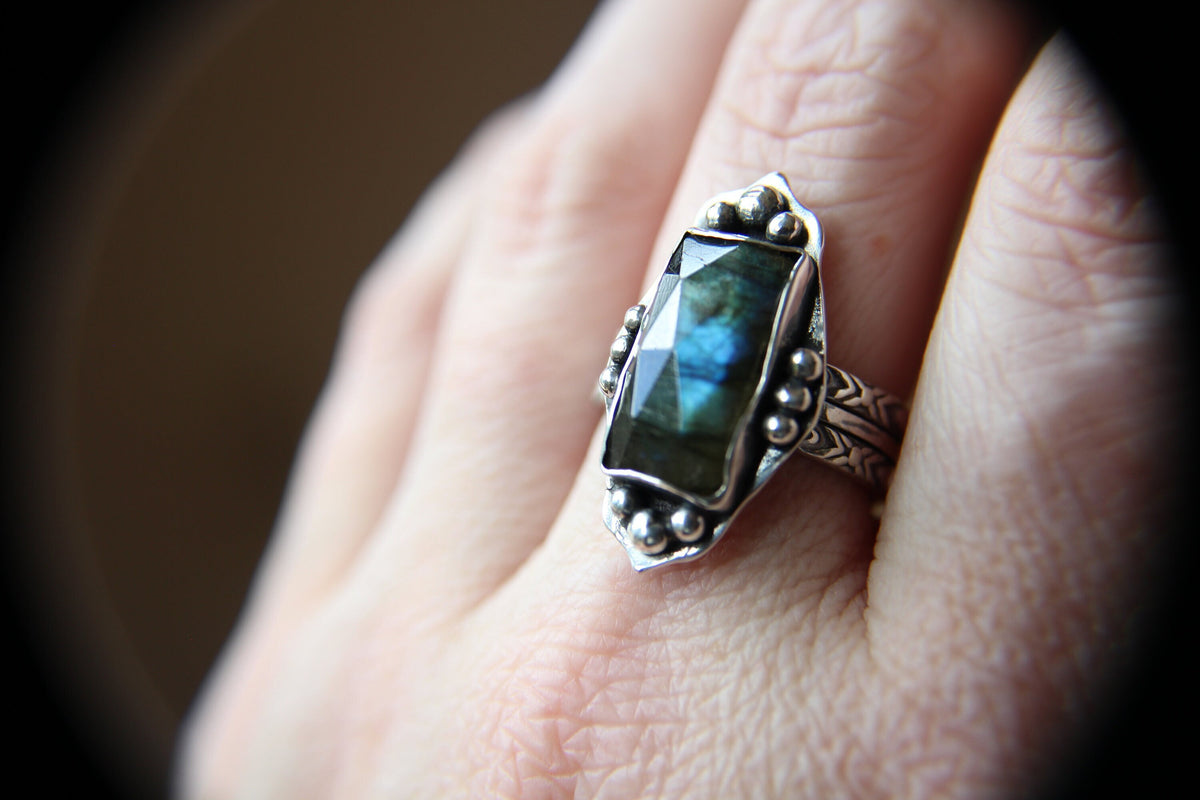 Rectangle Labradorite Ring, Rose Cut Rectangle Labradorite Ring, Large Statement Ring, Rectangle Rose Cut Rectangle Ring, Labradorite Ring