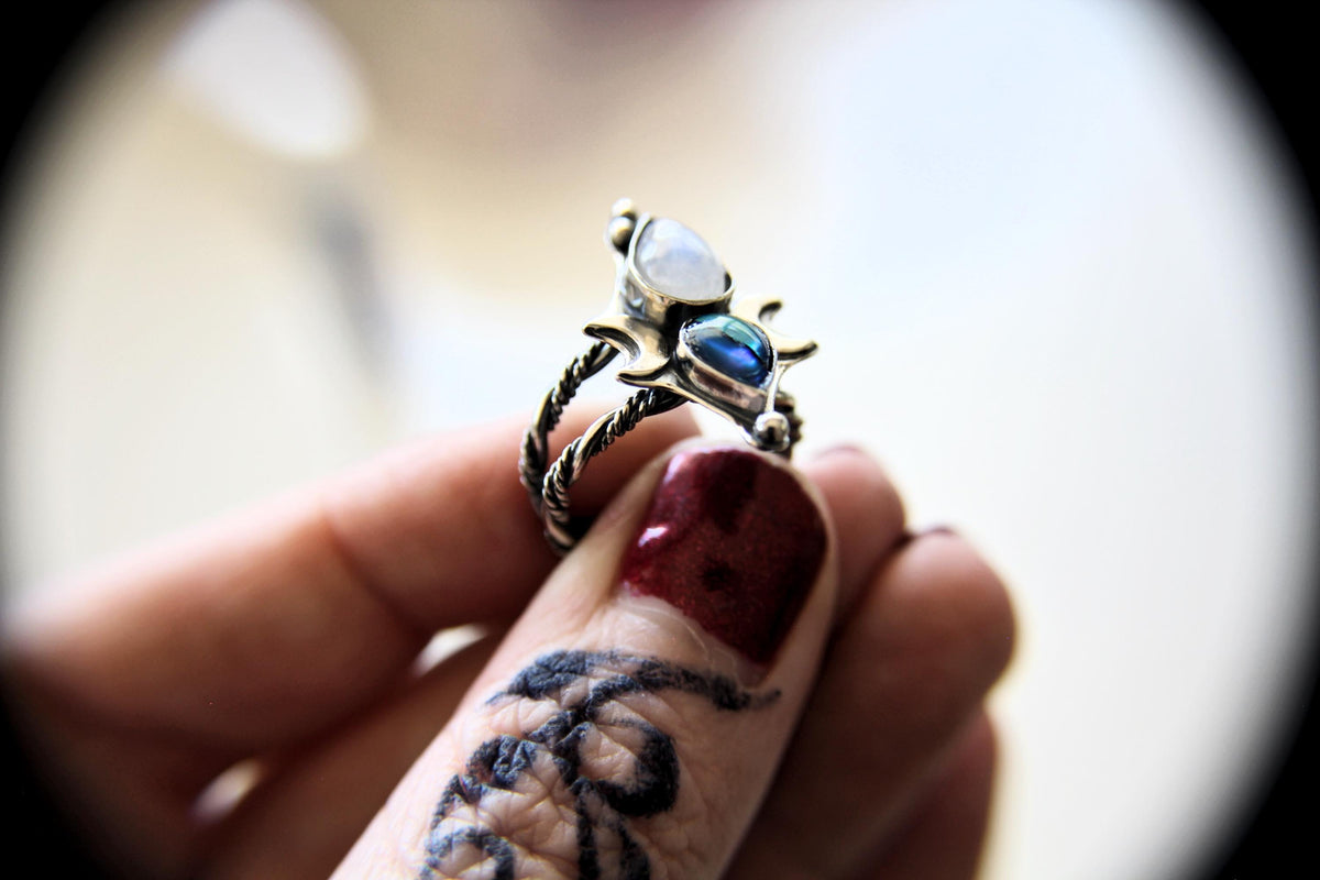 Triple Goddess Ring, Goddess Ring, Rainbow Moonstone Ring, Abalone Shell Ring, Double Moon Ring, Goddess Jewelry, Celestial Moon Ring, Gift