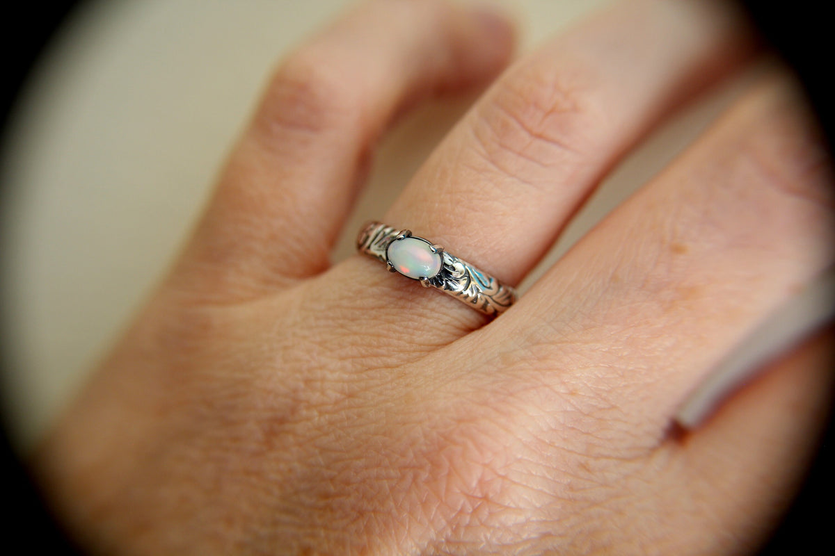 Floral Opal Ring, Floral Band Ring, Prong Setting Ring, Unique Design, Boho Ring, Oval Opal Ring, Opal Stacking Rings, Wide Band Ring