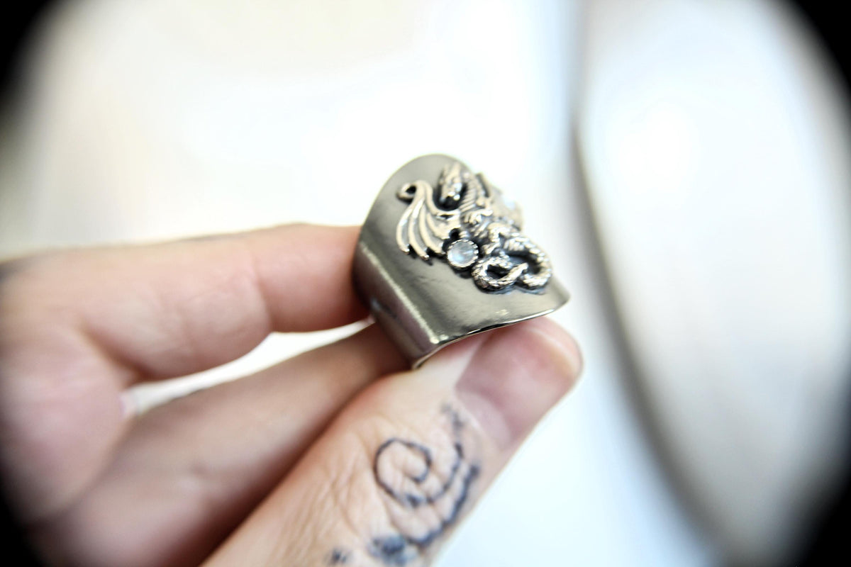 Dragon Ring, Dragon Shield Ring, Mythology Ring, Dragon Jewelry, Mythology Creature, Dragon Holding Orb, Moonstone, Large Dragon Ring, Gift