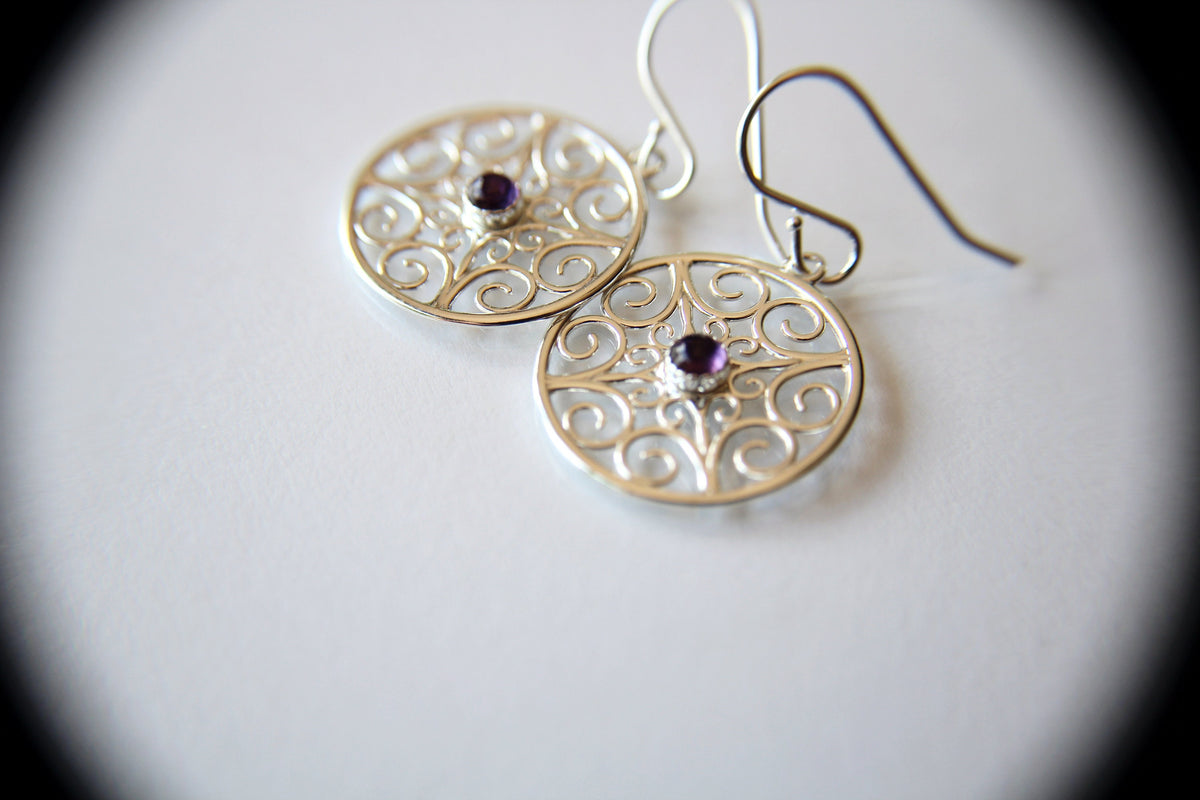 Sterling Silver Filigree Earring, Drop Earring, Amethyst Earrings, Boho Earrings, Simple Chic Earrings, Modern Style Filigree Earring
