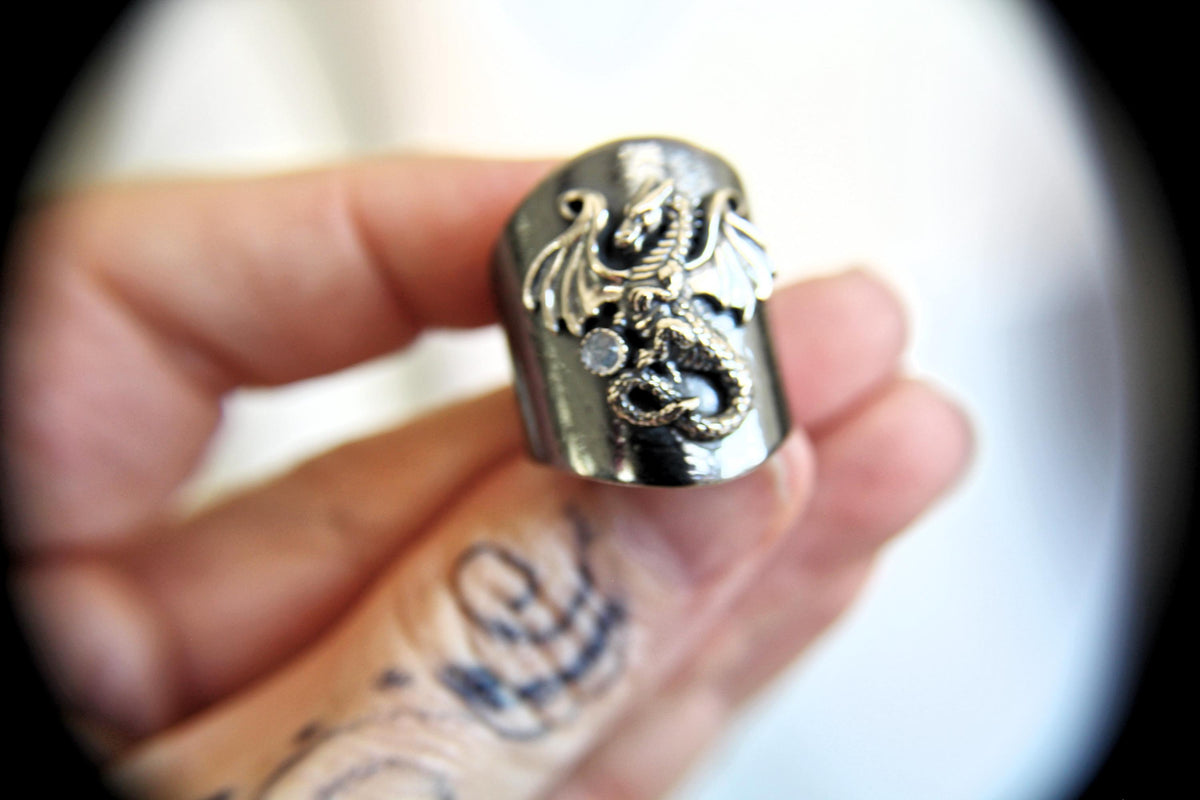 Dragon Ring, Dragon Shield Ring, Mythology Ring, Dragon Jewelry, Mythology Creature, Dragon Holding Orb, Moonstone, Large Dragon Ring, Gift