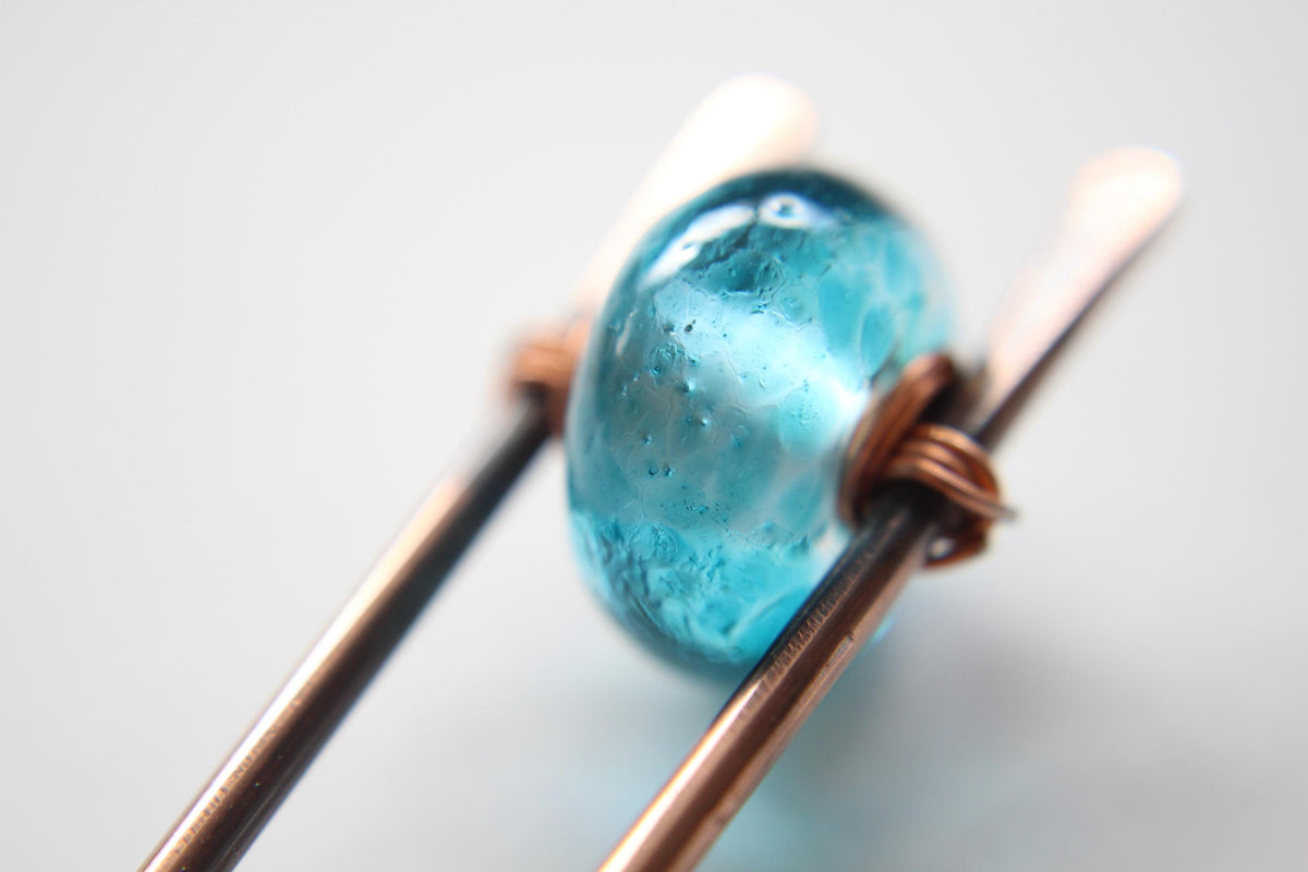 Blue Lampwork Glass Copper Hair Fork, Lampwork Glass Hair Pin, Blue Lampwork Glass Bead, V Shaped Hair Pin, Lampwork Glass Hair Stick, Gift