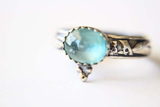 Oval Aquamarine Floral Stacking Ring, Aquamarine Ring, Natural Gemstone Ring, March Birthstone, Aquamarine, Gemstone Stacking Ring,Aqua,Gift