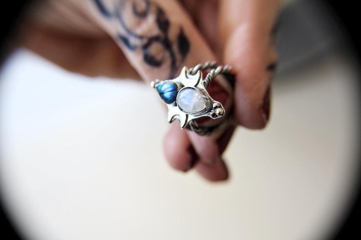Triple Goddess Ring, Goddess Ring, Rainbow Moonstone Ring, Abalone Shell Ring, Double Moon Ring, Goddess Jewelry, Celestial Moon Ring, Gift