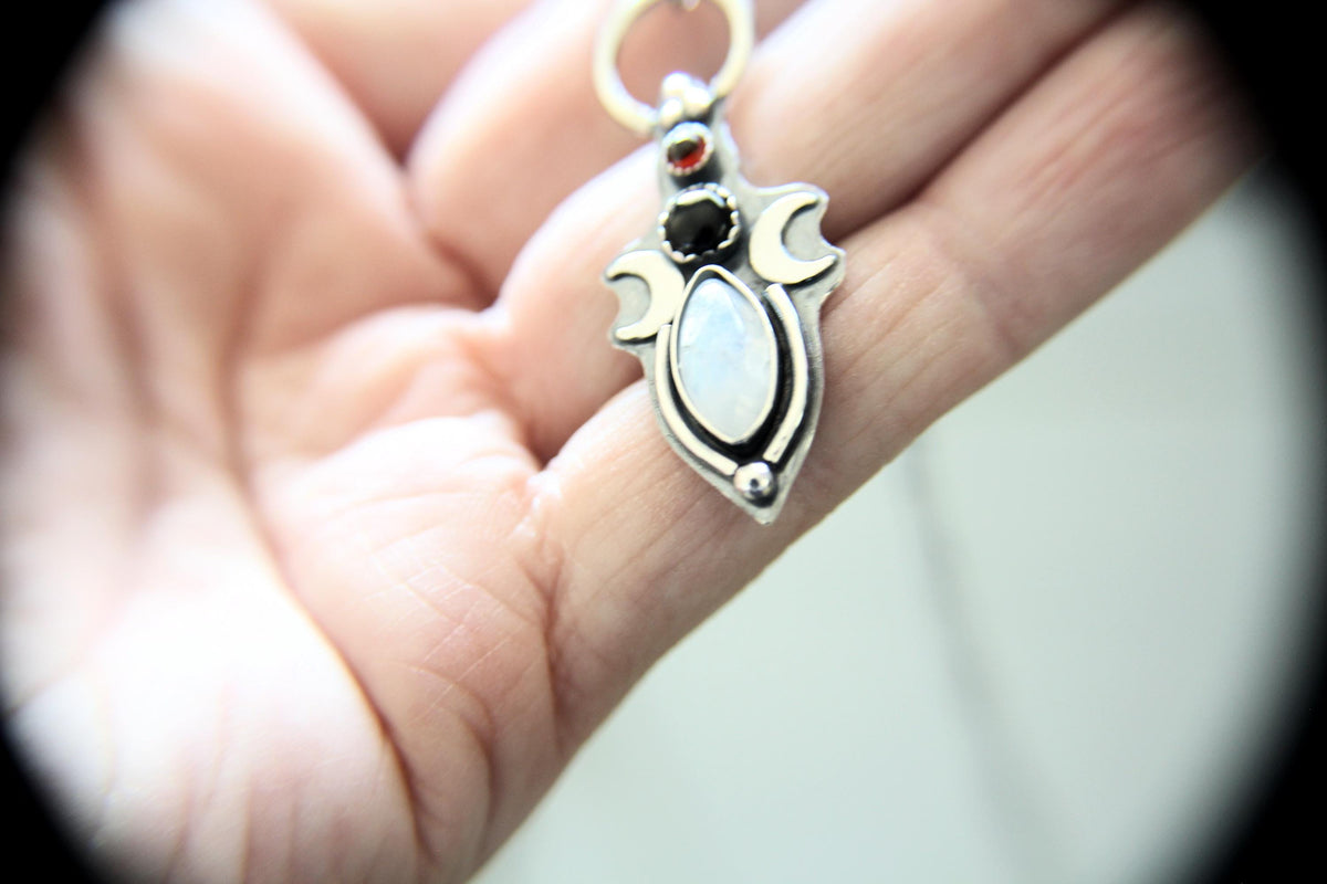 Triple Moon Goddess Necklace, Moon Phase Necklace, Goddess Jewelry, Moonstone Necklace, Wicca Jewelry, Lunar Phases, Crescent Moon Necklace