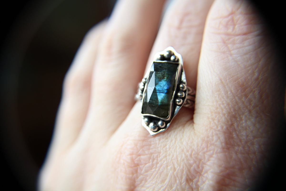 Rectangle Labradorite Ring, Rose Cut Rectangle Labradorite Ring, Large Statement Ring, Rectangle Rose Cut Rectangle Ring, Labradorite Ring