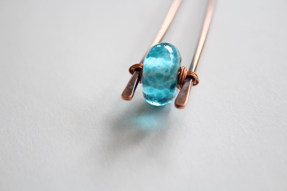 Blue Lampwork Glass Copper Hair Fork, Lampwork Glass Hair Pin, Blue Lampwork Glass Bead, V Shaped Hair Pin, Lampwork Glass Hair Stick, Gift