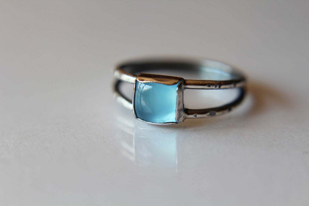 Chalcedony Double Band Ring, Square Chalcedony Ring, Textured Ring with Chalcedony, Blue Chalcedony, Aqua Chalcedony, Double Band Ring, Gift