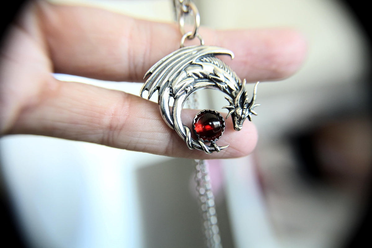 Garnet Dragon Necklace, Dragon Pendant Necklace, Mythology Necklace, Dragon Necklace, Mythology Creature, Dragon Hold Orb, Garnet, Gift