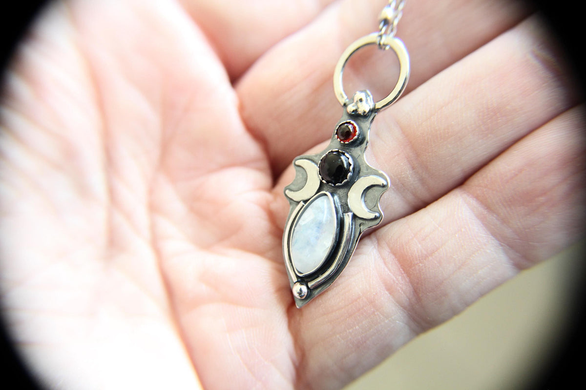 Triple Moon Goddess Necklace, Moon Phase Necklace, Goddess Jewelry, Moonstone Necklace, Wicca Jewelry, Lunar Phases, Crescent Moon Necklace