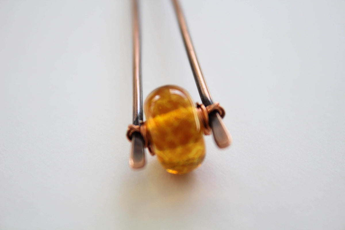Golden Lampwork Glass Copper Hair Fork, Lampwork Glass Hair Pin, Golden Lampwork Glass Bead, V Shaped Hair Pin, Lampwork Glass Hair Stick