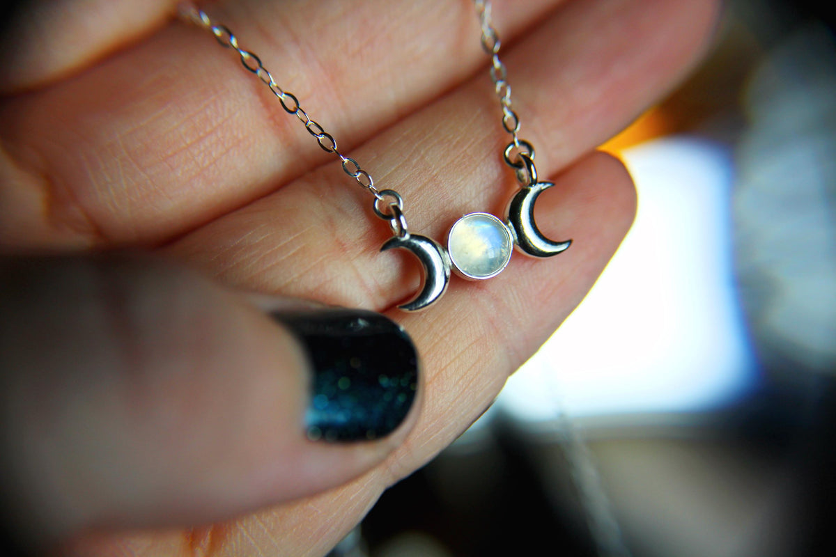 Triple Moon Goddess Necklace, Moon Phase Necklace, Goddess Jewelry, Moonstone Necklace, Wicca Jewelry, Lunar Phases, Crescent Moon Necklace
