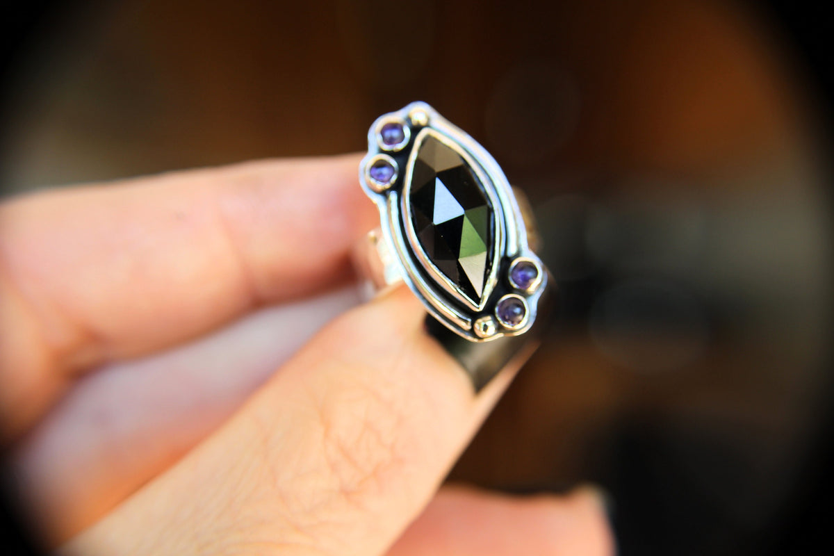 Rosecut Marquise Black Onyx Ring, Rose Cut Black Onyx and Amethyst Ring, Large statement Ring, Custom Build with Your Choice Stones, Gift