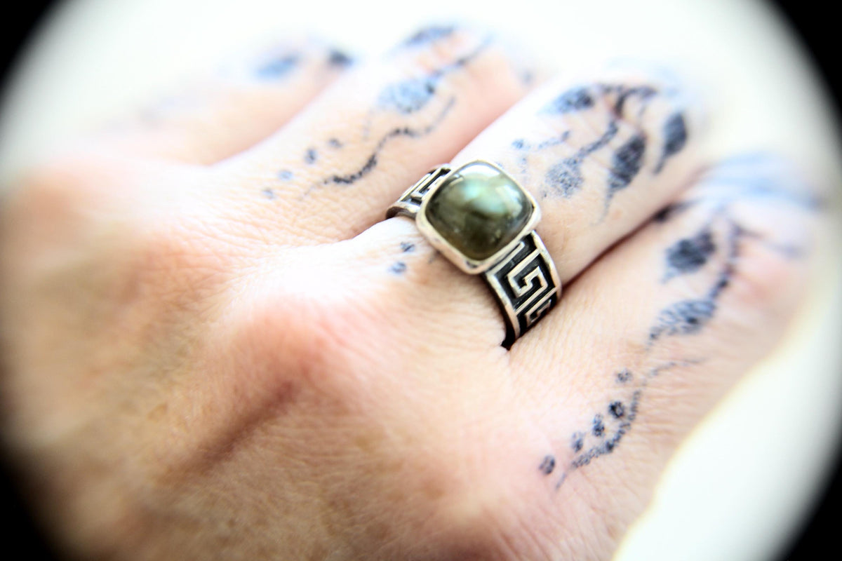 Square Labradorite Ring, Natural Labradorite Ring, Labradorite Ring, Boho Ring, Stacking Ring, Pattern Band, Boho Ring, Natural, Gift