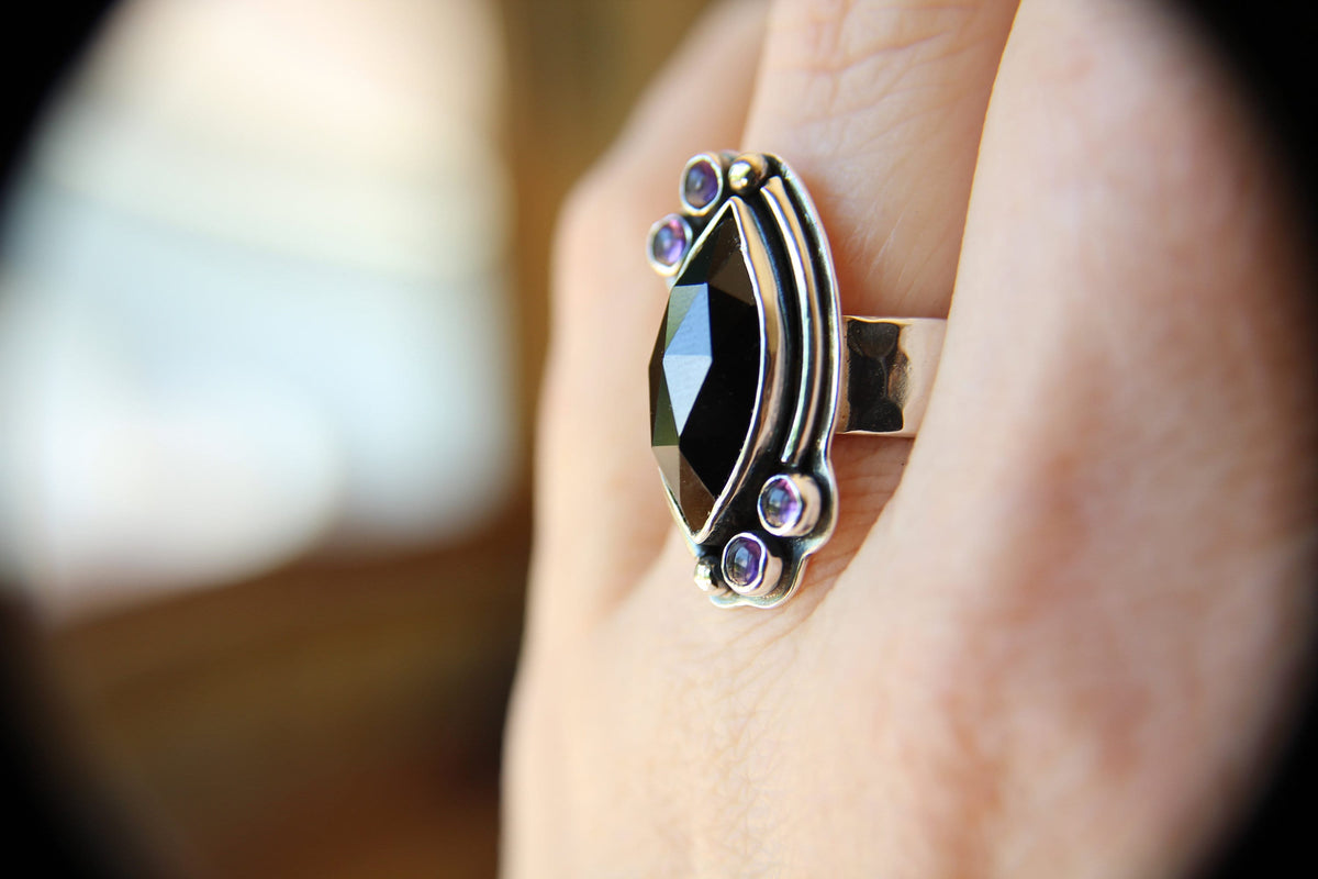 Rosecut Marquise Black Onyx Ring, Rose Cut Black Onyx and Amethyst Ring, Large statement Ring, Custom Build with Your Choice Stones, Gift