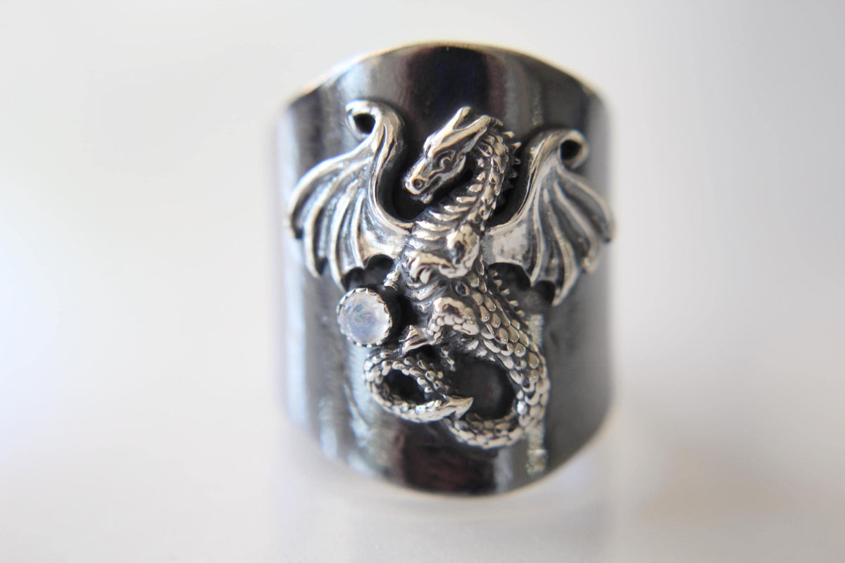 Dragon Ring, Dragon Shield Ring, Mythology Ring, Dragon Jewelry, Mythology Creature, Dragon Holding Orb, Moonstone, Large Dragon Ring, Gift
