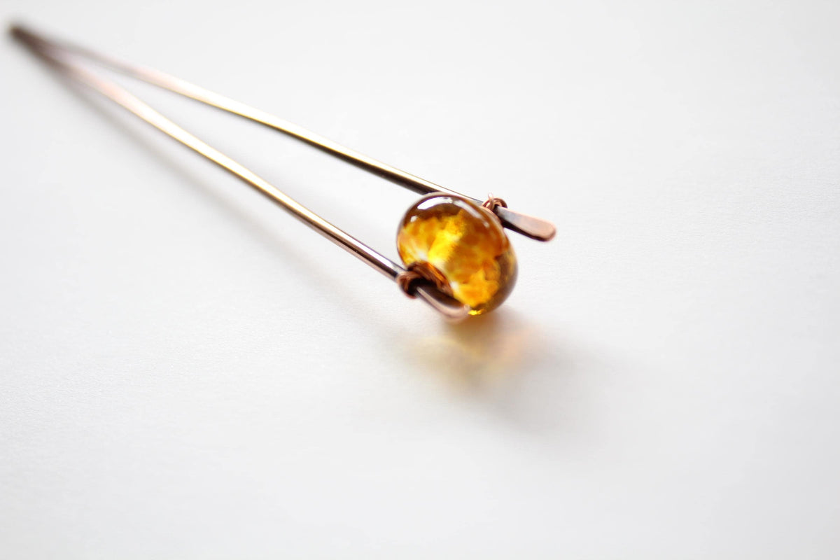 Golden Lampwork Glass Copper Hair Fork, Lampwork Glass Hair Pin, Golden Lampwork Glass Bead, V Shaped Hair Pin, Lampwork Glass Hair Stick