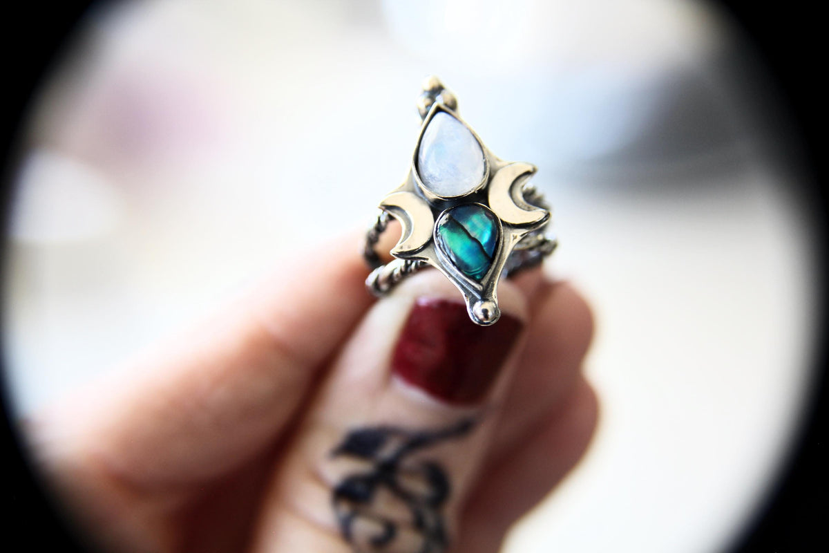 Triple Goddess Ring, Goddess Ring, Rainbow Moonstone Ring, Abalone Shell Ring, Double Moon Ring, Goddess Jewelry, Celestial Moon Ring, Gift
