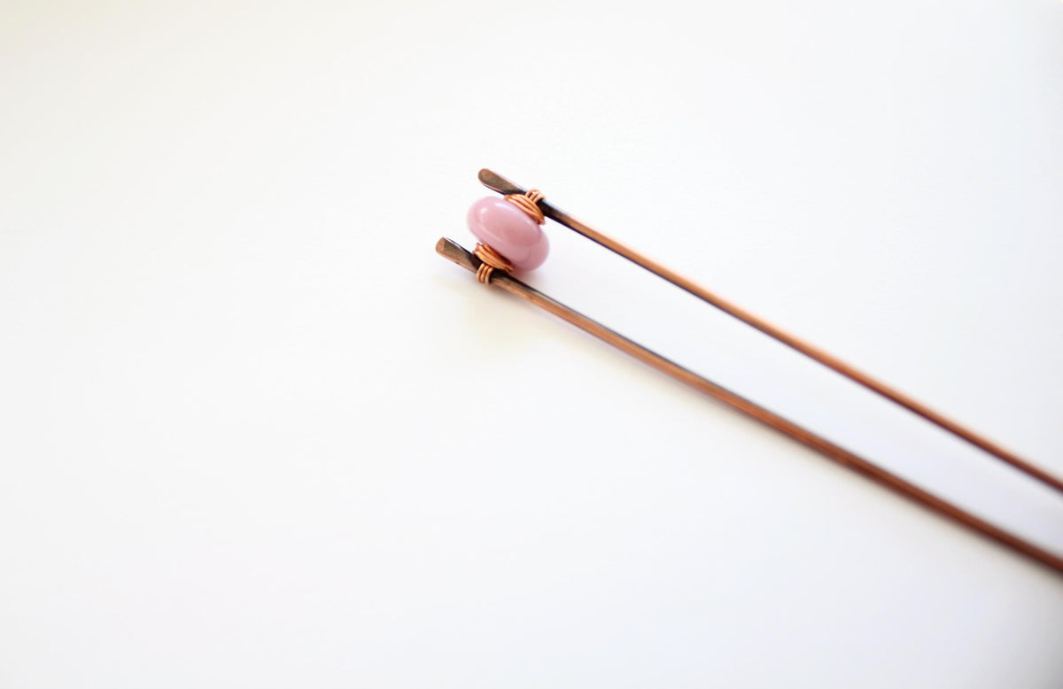 Dusty Rose Lampwork Glass Copper Hair Fork, Lampwork Glass Hair Pin, Lampwork Glass Bead, V Shaped Hair Pin, Lampwork Glass Hair Stick, Gift