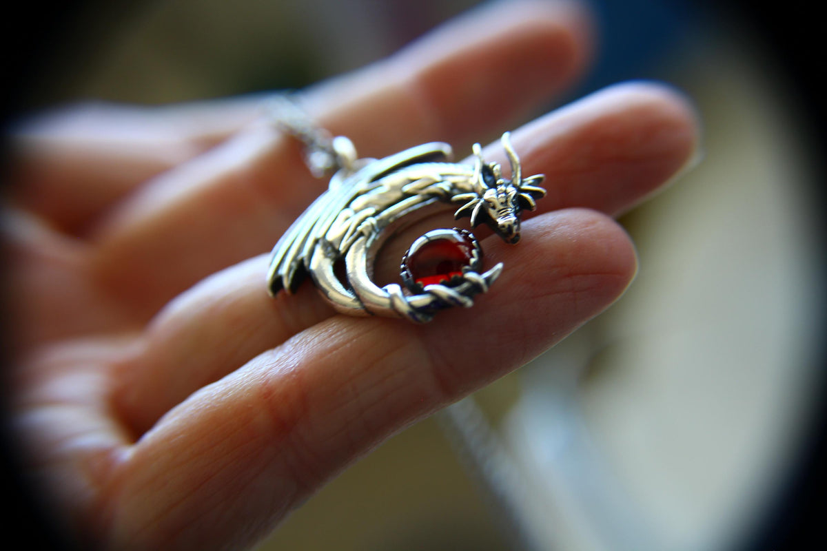 Garnet Dragon Necklace, Dragon Pendant Necklace, Mythology Necklace, Dragon Necklace, Mythology Creature, Dragon Hold Orb, Garnet, Gift