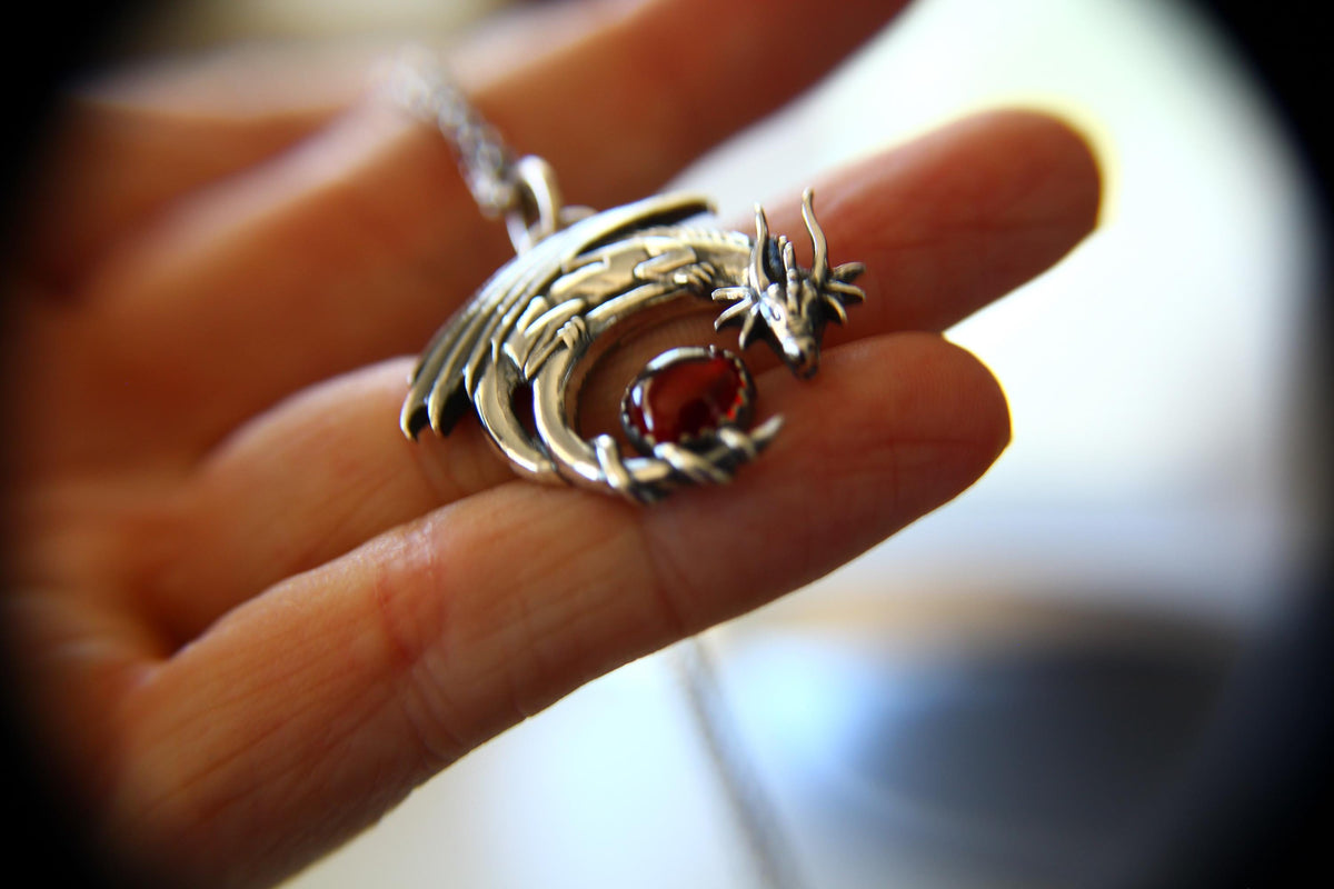 Garnet Dragon Necklace, Dragon Pendant Necklace, Mythology Necklace, Dragon Necklace, Mythology Creature, Dragon Hold Orb, Garnet, Gift