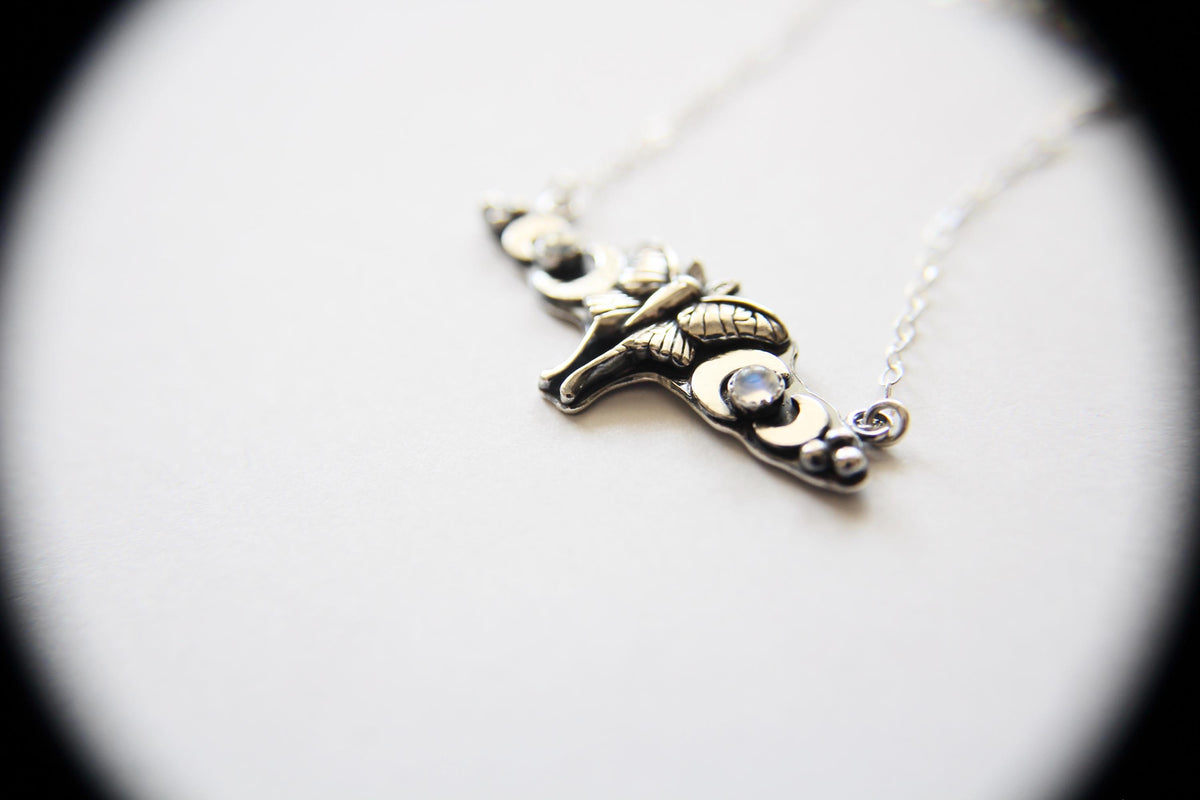 Sterling Luna Moth Charm Necklace, Small Moonstone Luna Moth Necklace, Silver Small Luna Moth Necklace, Luna Moth Necklace, Gift
