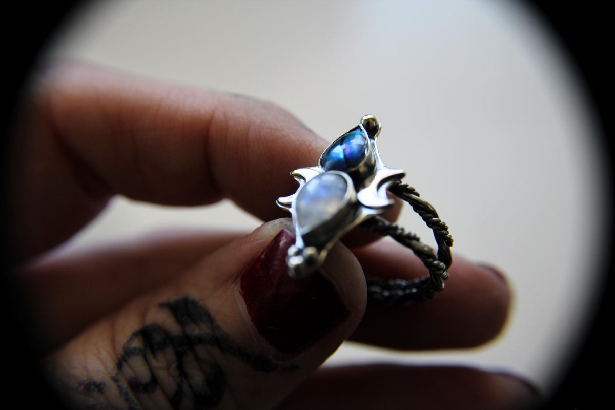 Triple Goddess Ring, Goddess Ring, Rainbow Moonstone Ring, Abalone Shell Ring, Double Moon Ring, Goddess Jewelry, Celestial Moon Ring, Gift