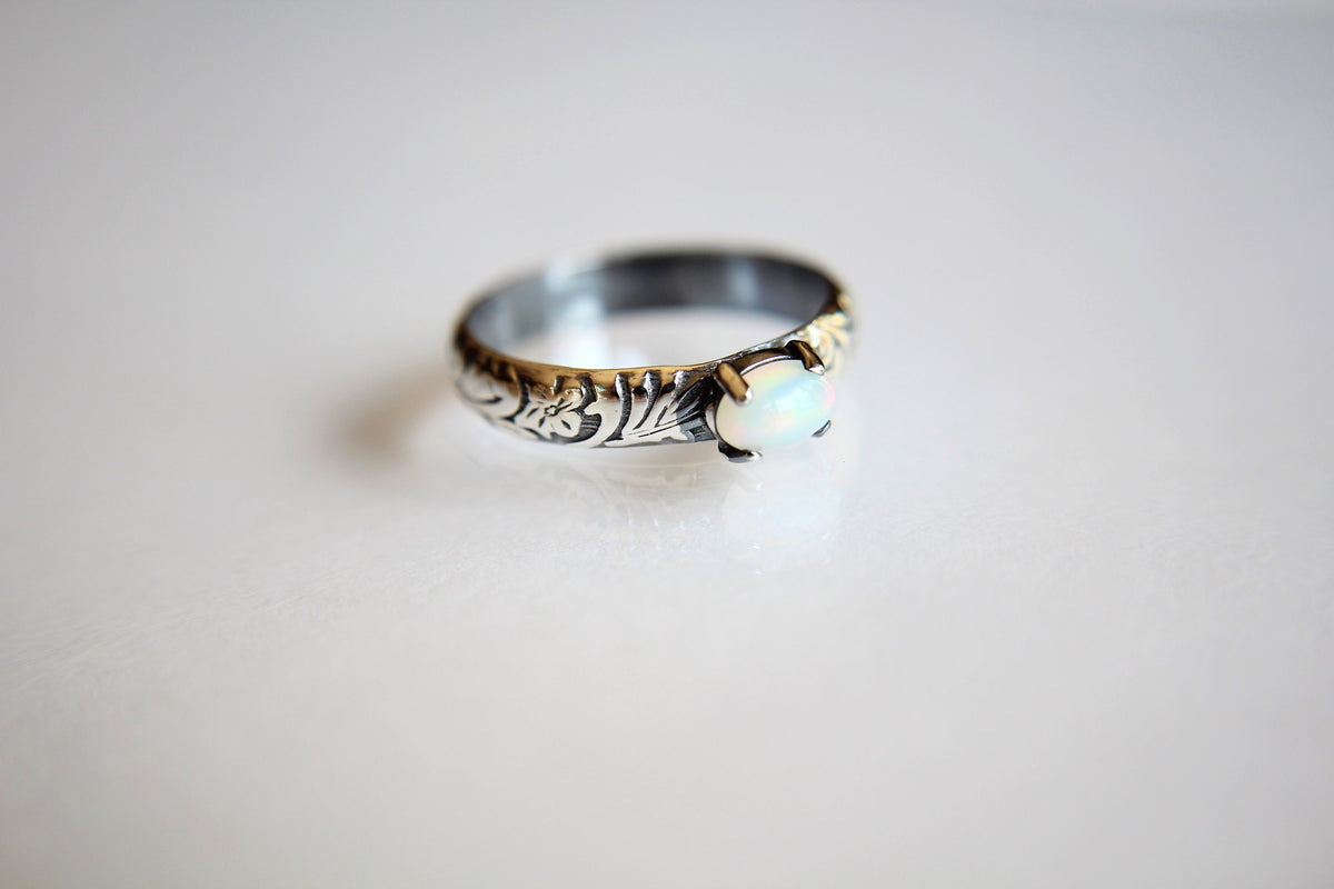 Floral Opal Ring, Floral Band Ring, Prong Setting Ring, Unique Design, Boho Ring, Oval Opal Ring, Opal Stacking Rings, Wide Band Ring