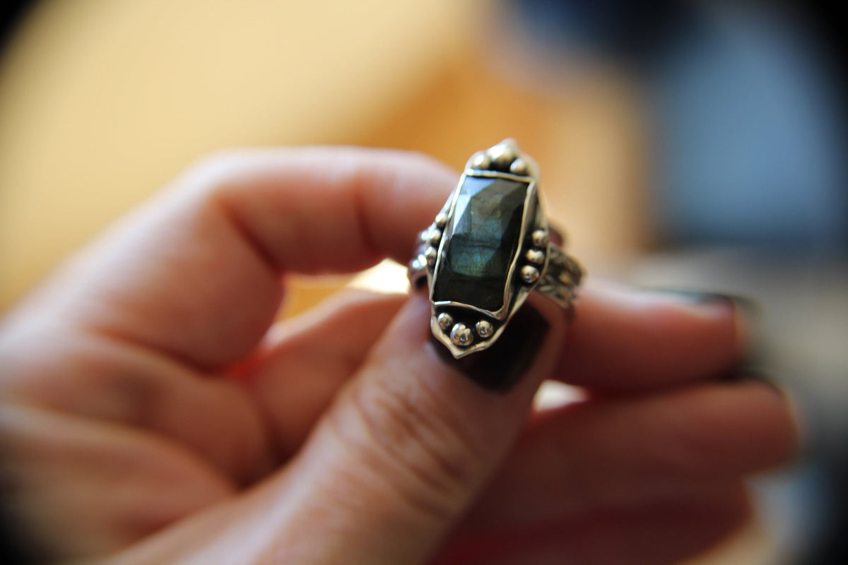 Rectangle Labradorite Ring, Rose Cut Rectangle Labradorite Ring, Large Statement Ring, Rectangle Rose Cut Rectangle Ring, Labradorite Ring