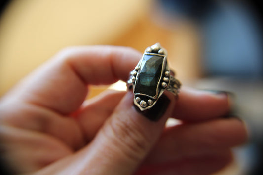 Rectangle Labradorite Ring, Rose Cut Rectangle Labradorite Ring, Large Statement Ring, Rectangle Rose Cut Rectangle Ring, Labradorite Ring