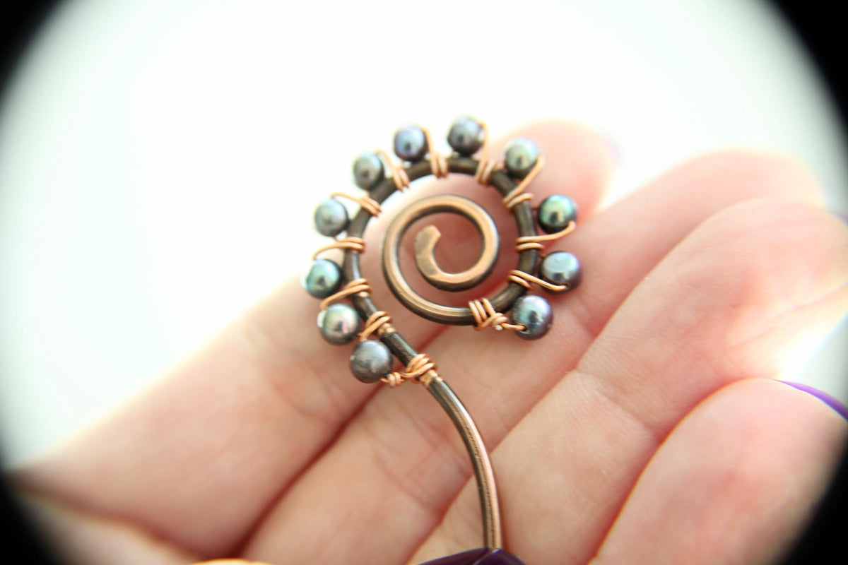 Spiral Pearl Hair Stick, Peacock Pearl Hair Stick, Wavy Hair Stick, Copper Pearl Hair Stick, Spiral Hair Stick, Pearl Hair Stick,Copper Fork