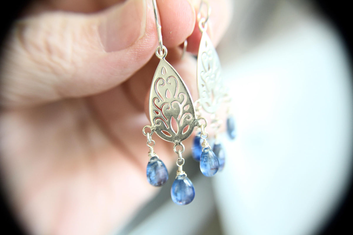 Sterling Silver Filigree Kyanite Earrings, Drop Earring, Kyanite Earrings, Boho Earrings, Simple Chic Earrings,Modern Style Filigree Earring