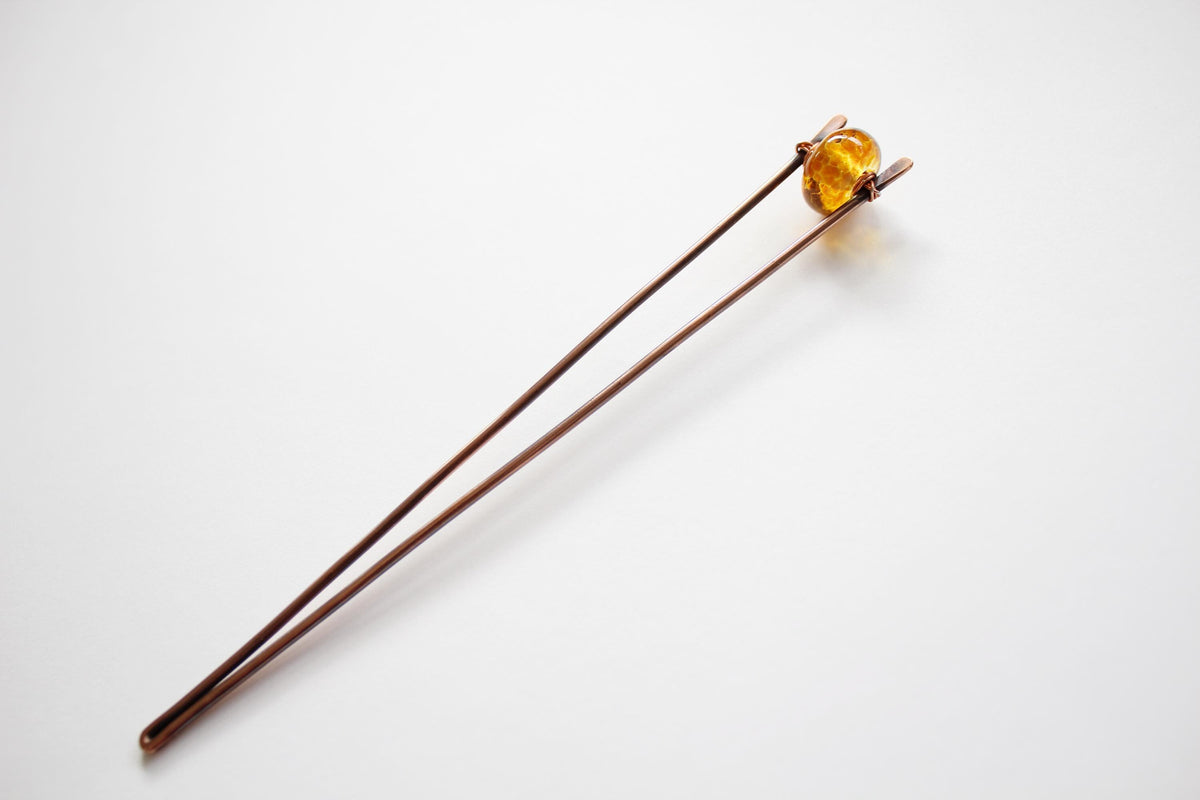 Golden Lampwork Glass Copper Hair Fork, Lampwork Glass Hair Pin, Golden Lampwork Glass Bead, V Shaped Hair Pin, Lampwork Glass Hair Stick