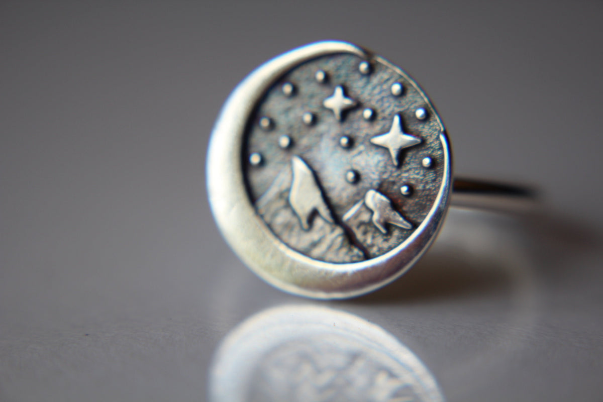 Mountain Ring, Mountain Moon Ring, Crescent Moon Ring, Landscape Ring, Circle Moon Ring, Crescent Moon, Moon Jewelry, Mountain Jewelry, Gift