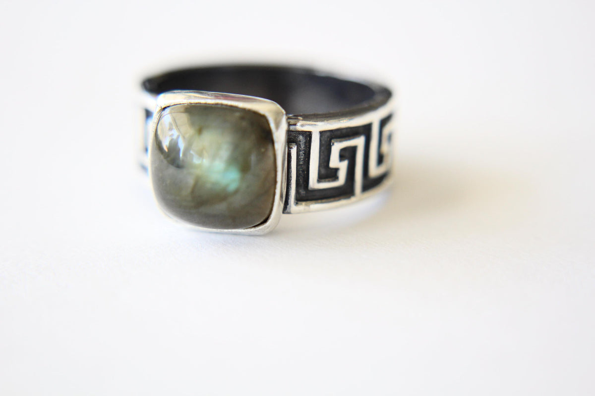 Square Labradorite Ring, Natural Labradorite Ring, Labradorite Ring, Boho Ring, Stacking Ring, Pattern Band, Boho Ring, Natural, Gift