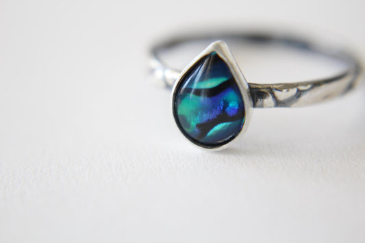 Abalone Shell Ring, Sterling Silver Abalone Shell Ring, Teardrop Abalone Sterling Ring, Textured Stacking Ring, Gemstone Ring, Boho Ring