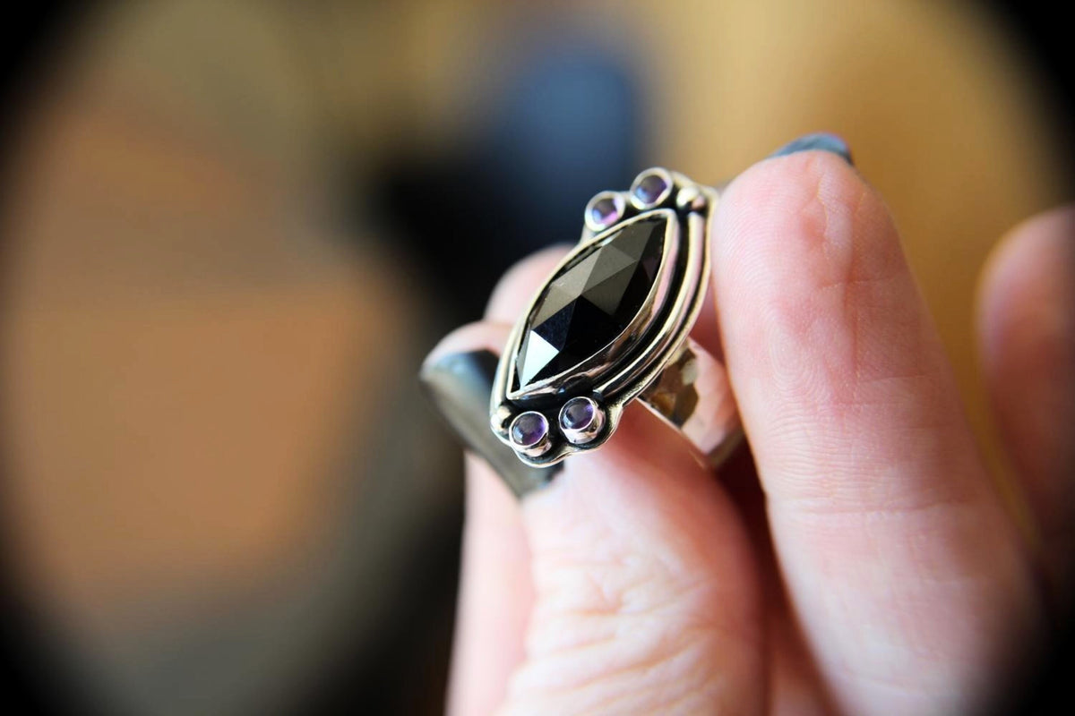 Rosecut Marquise Black Onyx Ring, Rose Cut Black Onyx and Amethyst Ring, Large statement Ring, Custom Build with Your Choice Stones, Gift