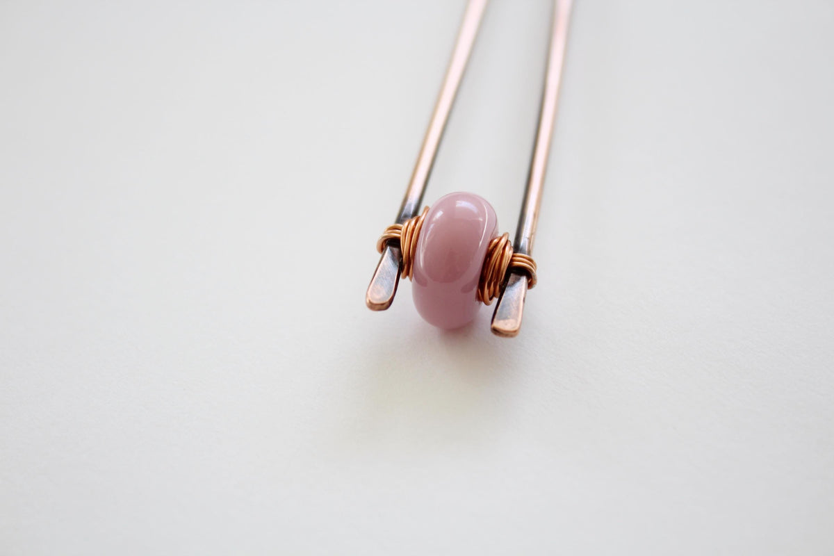 Dusty Rose Lampwork Glass Copper Hair Fork, Lampwork Glass Hair Pin, Lampwork Glass Bead, V Shaped Hair Pin, Lampwork Glass Hair Stick, Gift