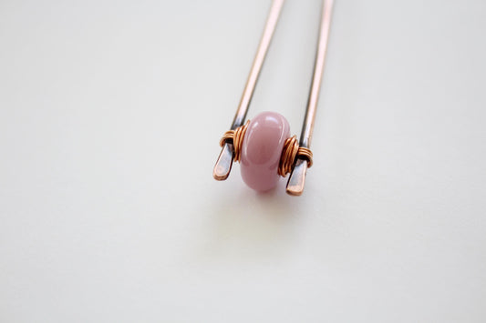 Dusty Rose Lampwork Glass Copper Hair Fork, Lampwork Glass Hair Pin, Lampwork Glass Bead, V Shaped Hair Pin, Lampwork Glass Hair Stick, Gift