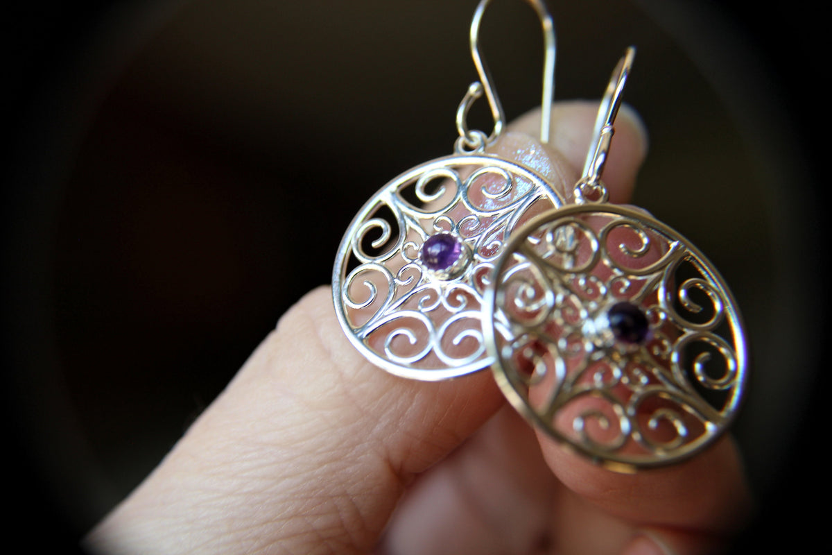 Sterling Silver Filigree Earring, Drop Earring, Amethyst Earrings, Boho Earrings, Simple Chic Earrings, Modern Style Filigree Earring