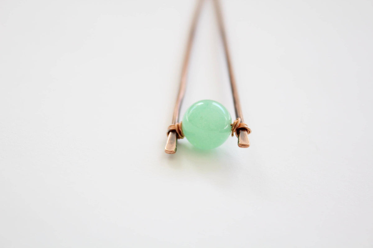 Jade Copper Hair Fork, Jade Hair Pin, Natural Jade Bead, V Shaped Hair Pin, Natural Jade Gemstone Hair Stick, Jade Jewelry, Jade, Gift