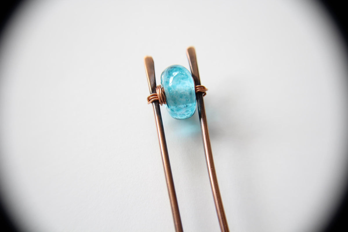 Blue Lampwork Glass Copper Hair Fork, Lampwork Glass Hair Pin, Blue Lampwork Glass Bead, V Shaped Hair Pin, Lampwork Glass Hair Stick, Gift