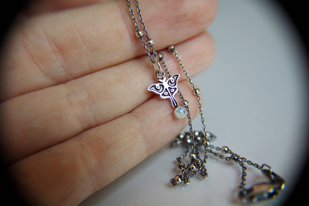 Sterling Tiny Luna Moth Charm Necklace, Small Moonstone Luna Moth Necklace, Silver Small Luna Moth Necklace, Luna Moth Necklace, Gift