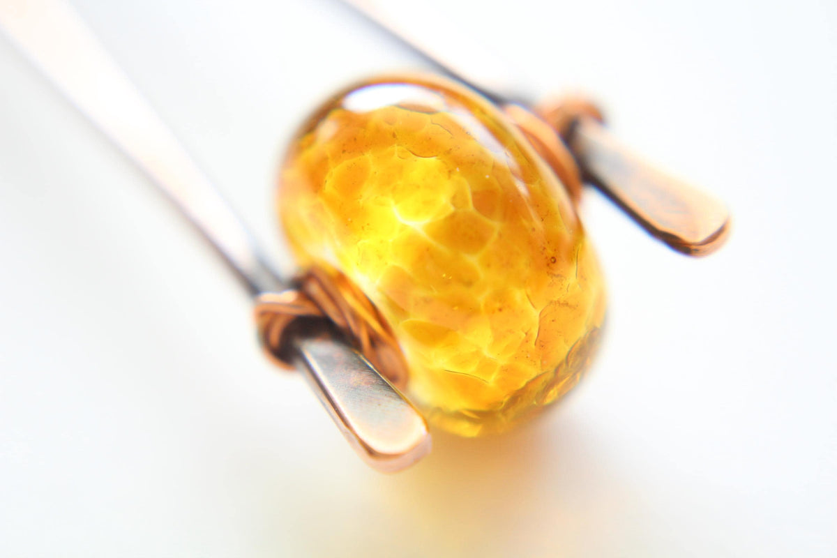 Golden Lampwork Glass Copper Hair Fork, Lampwork Glass Hair Pin, Golden Lampwork Glass Bead, V Shaped Hair Pin, Lampwork Glass Hair Stick