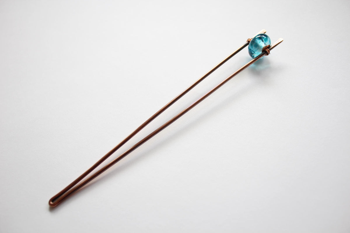 Blue Lampwork Glass Copper Hair Fork, Lampwork Glass Hair Pin, Blue Lampwork Glass Bead, V Shaped Hair Pin, Lampwork Glass Hair Stick, Gift