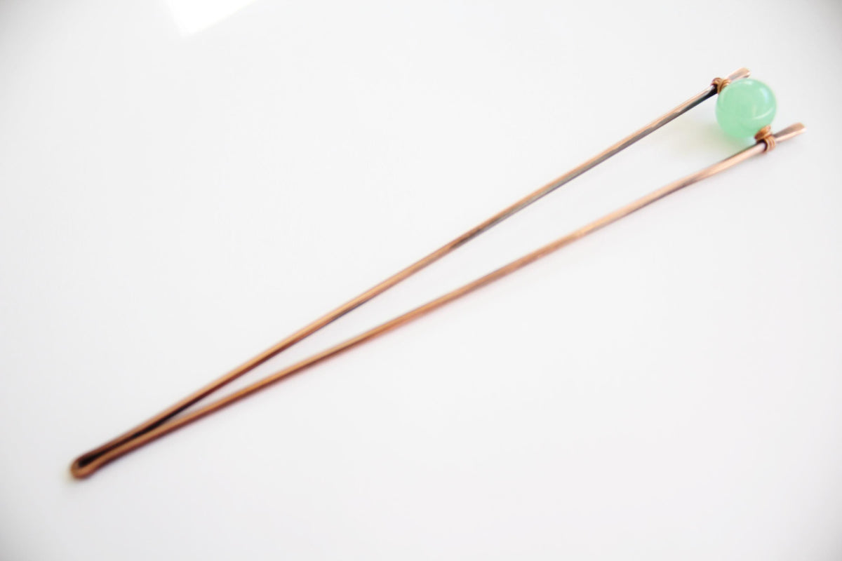 Jade Copper Hair Fork, Jade Hair Pin, Natural Jade Bead, V Shaped Hair Pin, Natural Jade Gemstone Hair Stick, Jade Jewelry, Jade, Gift